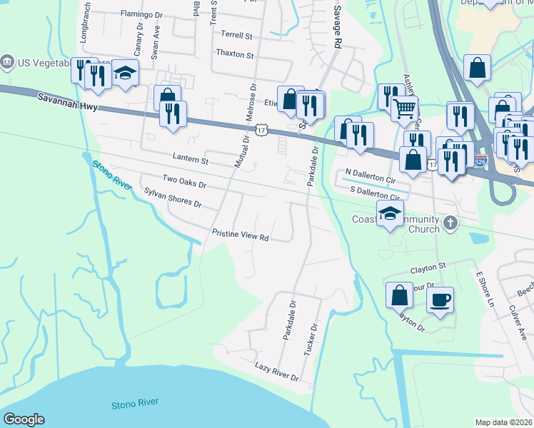 map of restaurants, bars, coffee shops, grocery stores, and more near 425 Meadow Breeze Lane in Charleston