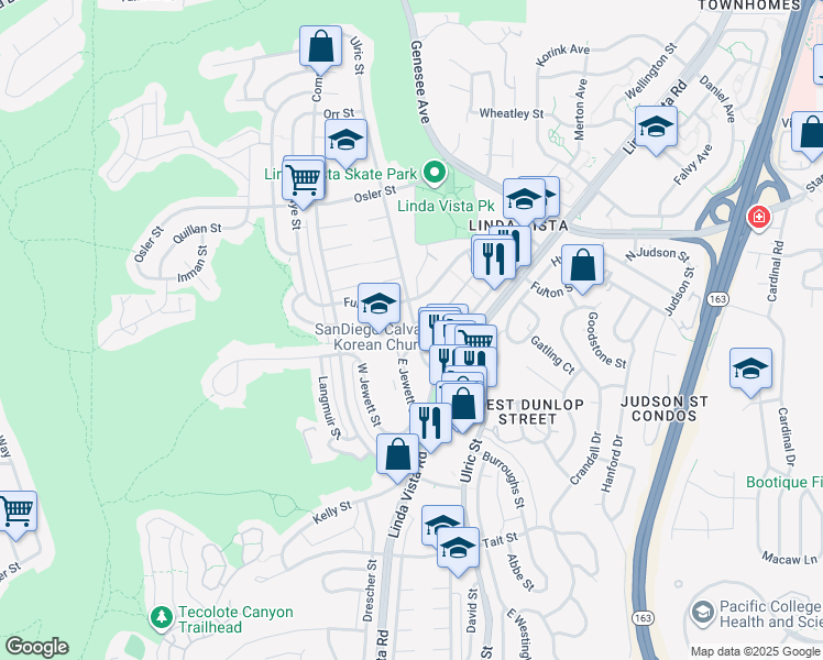 map of restaurants, bars, coffee shops, grocery stores, and more near 2470 Ulric Street in San Diego