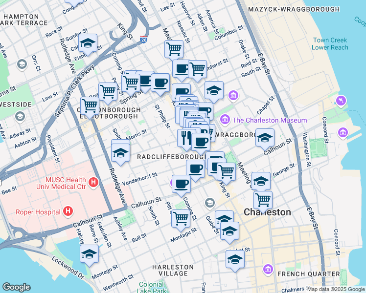 map of restaurants, bars, coffee shops, grocery stores, and more near 122 Saint Philip Street in Charleston