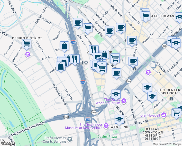 map of restaurants, bars, coffee shops, grocery stores, and more near 2425 Victory Avenue in Dallas