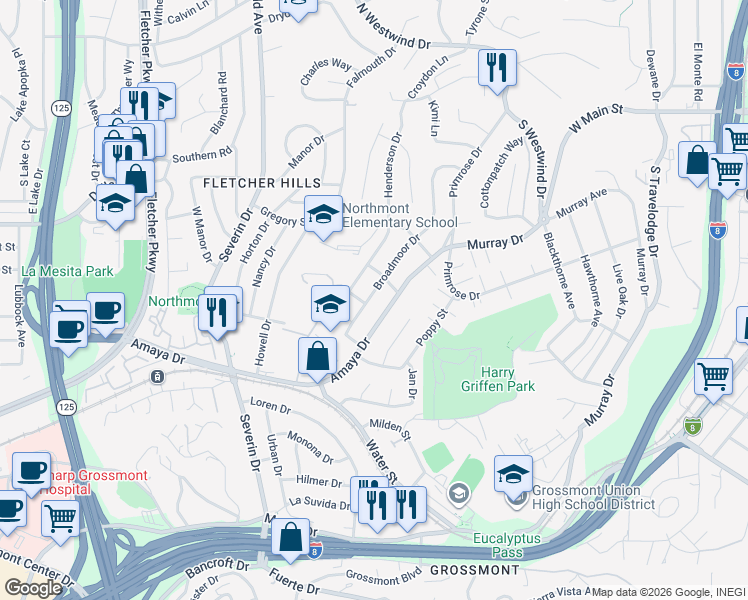 map of restaurants, bars, coffee shops, grocery stores, and more near 6045 Broadmoor Drive in La Mesa