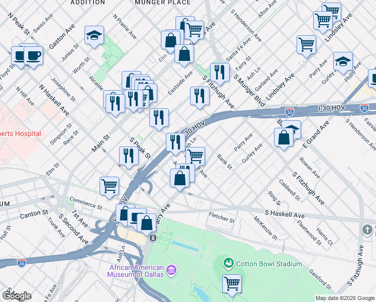 map of restaurants, bars, coffee shops, grocery stores, and more near 4504 Ash Lane in Dallas