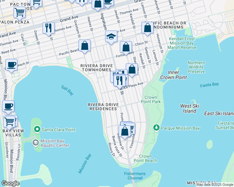map of restaurants, bars, coffee shops, grocery stores, and more near 3771 Promontory Street in San Diego