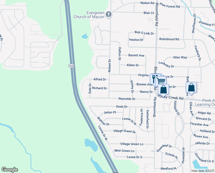 map of restaurants, bars, coffee shops, grocery stores, and more near 2905 Richard Drive in Macon