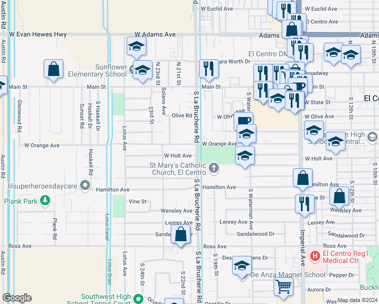 map of restaurants, bars, coffee shops, grocery stores, and more near 2050 West Holt Avenue in El Centro