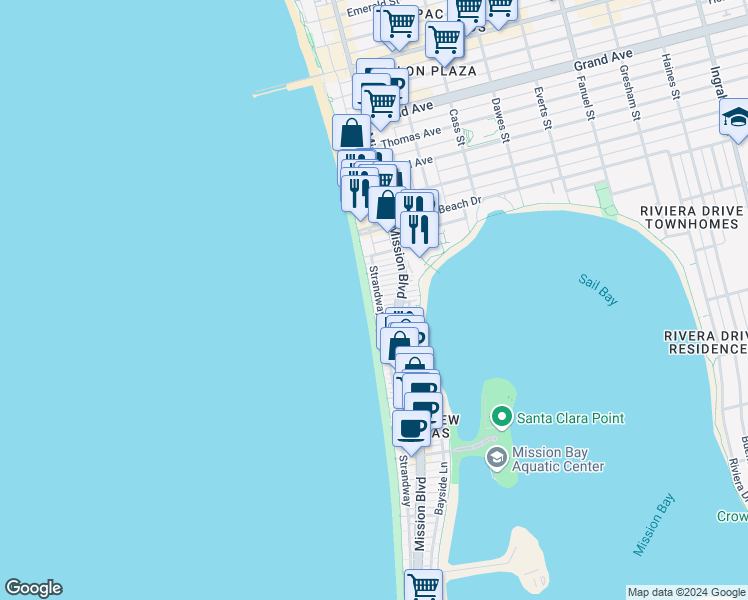 map of restaurants, bars, coffee shops, grocery stores, and more near 702 Whiting Court in San Diego