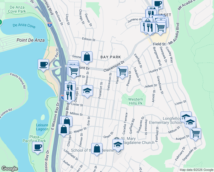 map of restaurants, bars, coffee shops, grocery stores, and more near 2524 Galveston Street in San Diego