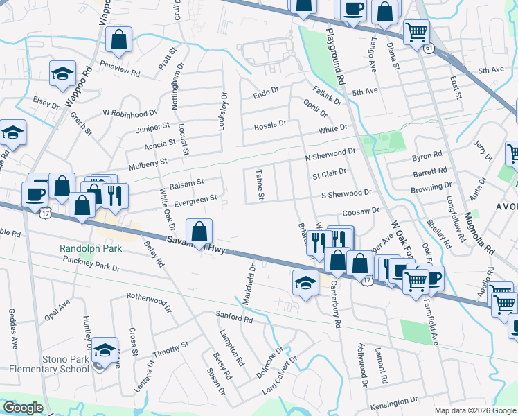map of restaurants, bars, coffee shops, grocery stores, and more near 1442 South Sherwood Drive in Charleston