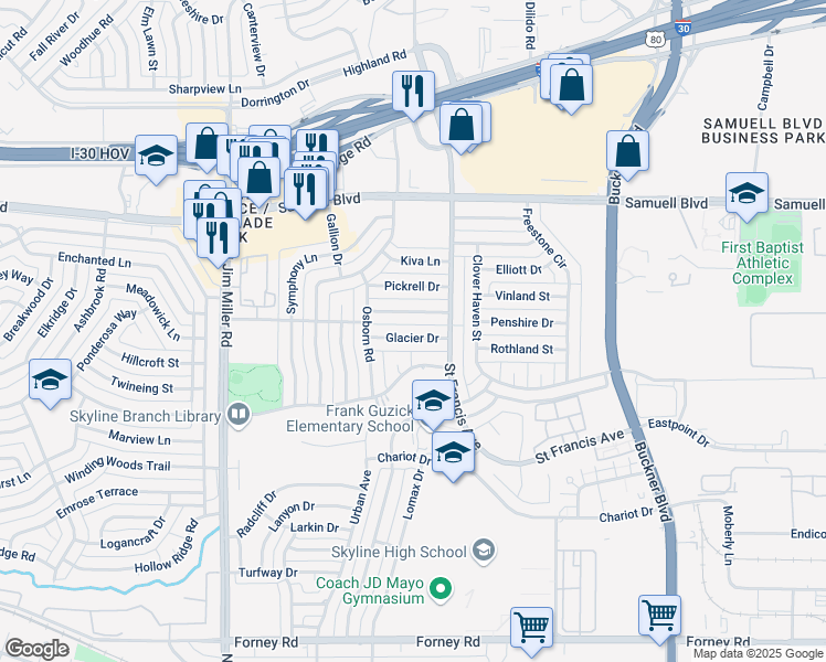 map of restaurants, bars, coffee shops, grocery stores, and more near 6930 Thornwood Drive in Dallas