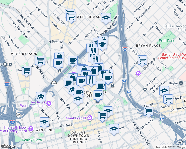 map of restaurants, bars, coffee shops, grocery stores, and more near North Pearl Street & Ross Avenue in Dallas