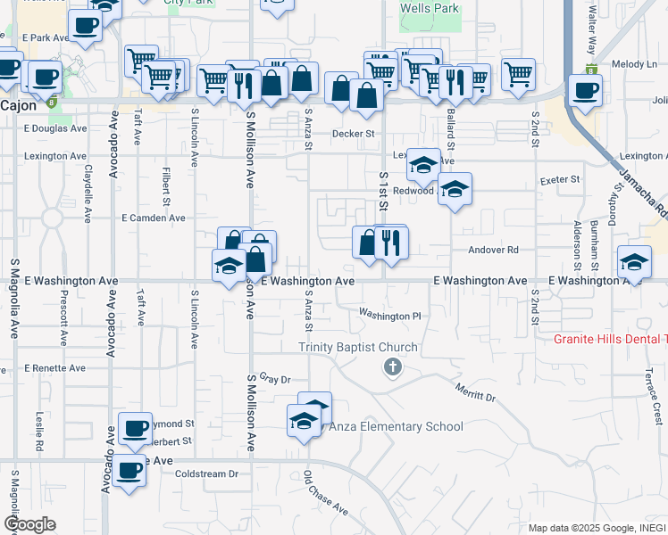 map of restaurants, bars, coffee shops, grocery stores, and more near 1026 East Washington Avenue in El Cajon