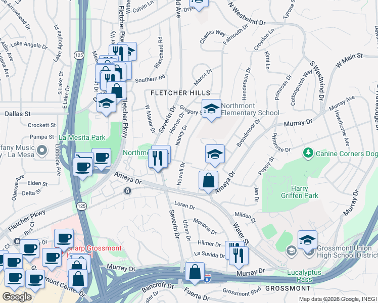 map of restaurants, bars, coffee shops, grocery stores, and more near 6040 Howell Drive in La Mesa