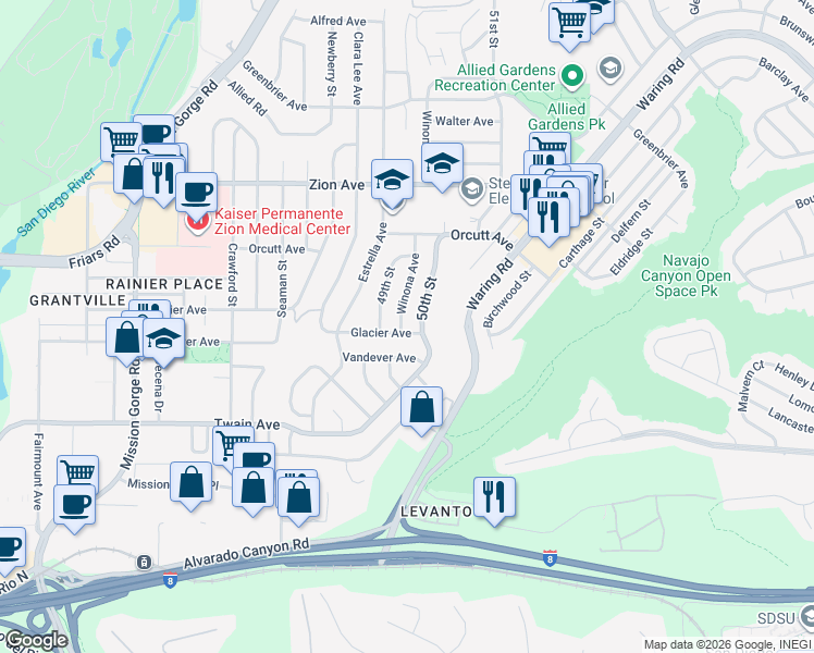 map of restaurants, bars, coffee shops, grocery stores, and more near 6331 Winona Avenue in San Diego