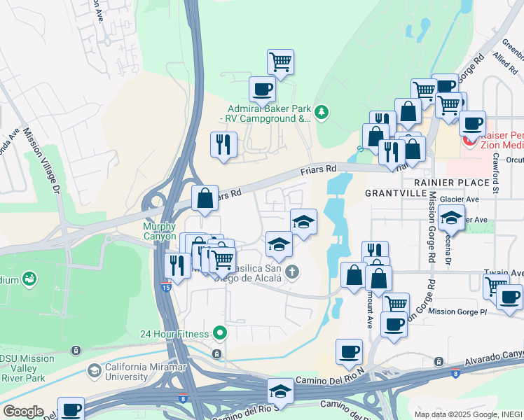 map of restaurants, bars, coffee shops, grocery stores, and more near 6341 Rancho Mission Road in San Diego