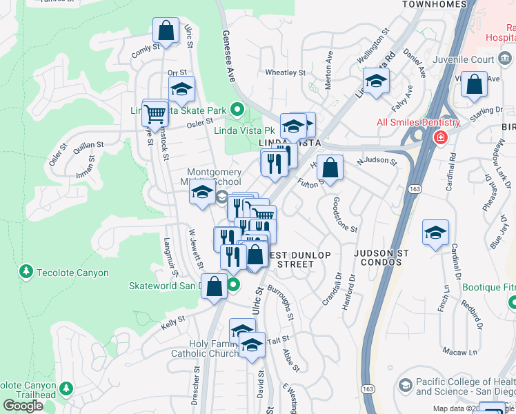 map of restaurants, bars, coffee shops, grocery stores, and more near 7003 Eastman Street in San Diego