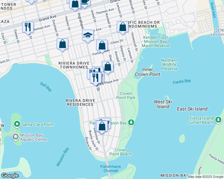 map of restaurants, bars, coffee shops, grocery stores, and more near 3722 Crown Point Drive in San Diego