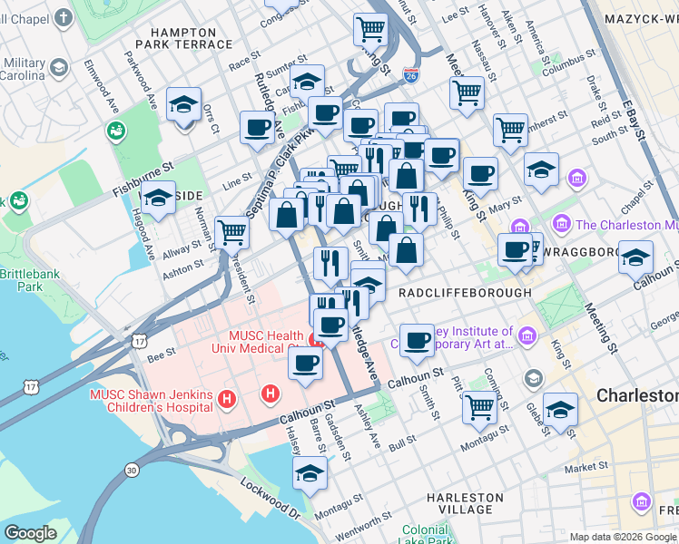 map of restaurants, bars, coffee shops, grocery stores, and more near 92 Morris Street in Charleston