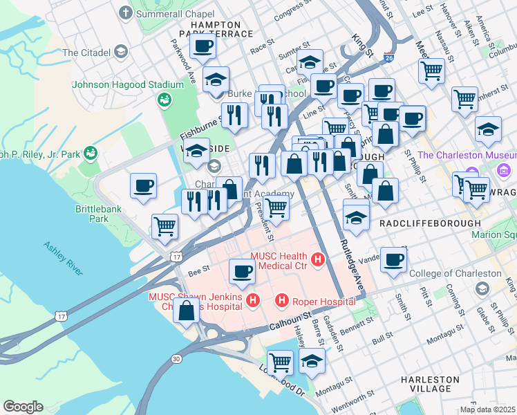 map of restaurants, bars, coffee shops, grocery stores, and more near 194 Spring Street in Charleston