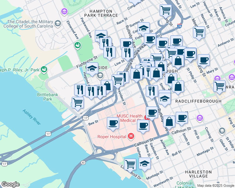 map of restaurants, bars, coffee shops, grocery stores, and more near 194 Spring Street in Charleston