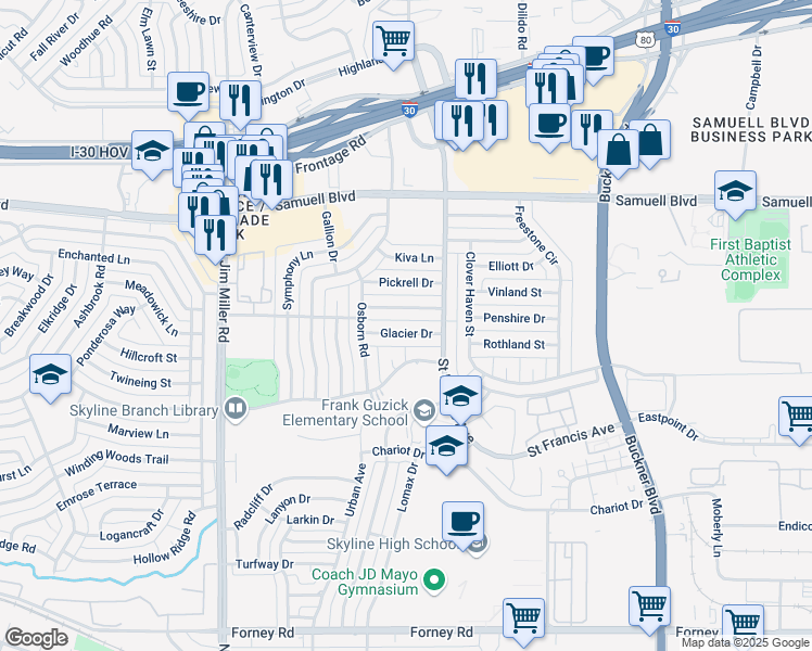 map of restaurants, bars, coffee shops, grocery stores, and more near 6930 Thornwood Drive in Dallas