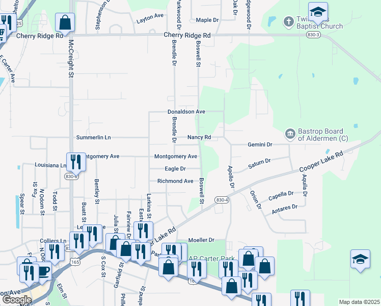 map of restaurants, bars, coffee shops, grocery stores, and more near 1776 Montgomery Avenue in Bastrop