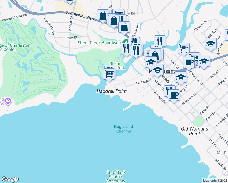 map of restaurants, bars, coffee shops, grocery stores, and more near 15 Beach Street in Mount Pleasant