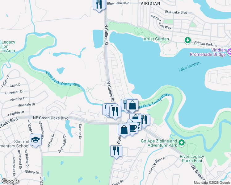 map of restaurants, bars, coffee shops, grocery stores, and more near N Collins St in Euless