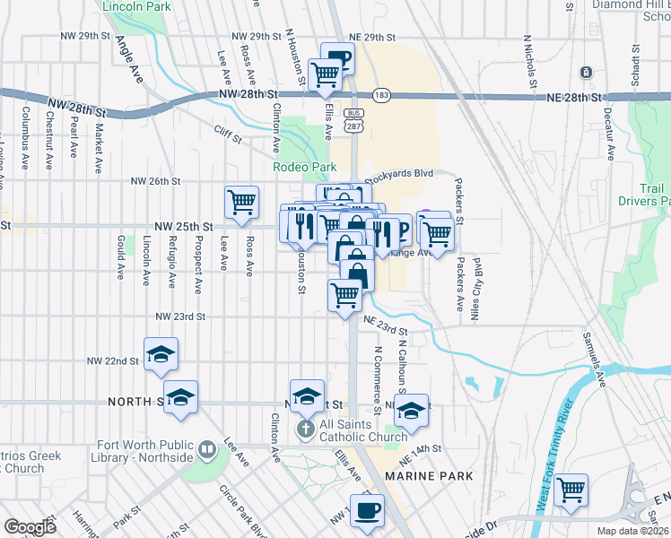 map of restaurants, bars, coffee shops, grocery stores, and more near 2326 Ellis Avenue in Fort Worth