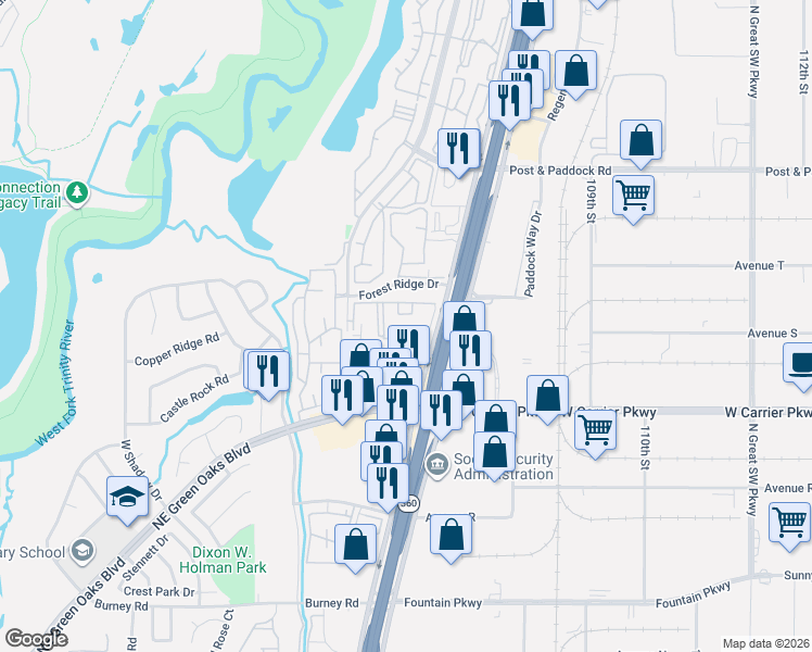 map of restaurants, bars, coffee shops, grocery stores, and more near 2175 North Highway 360 in Grand Prairie