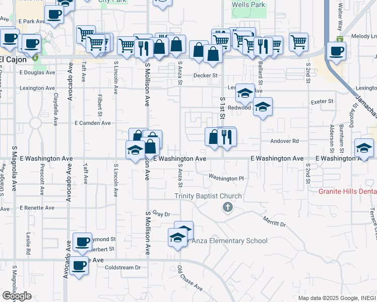 map of restaurants, bars, coffee shops, grocery stores, and more near 1026 East Washington Avenue in El Cajon