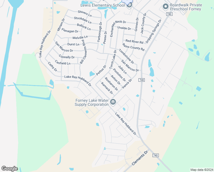 map of restaurants, bars, coffee shops, grocery stores, and more near 2418 Karnack Drive in Forney