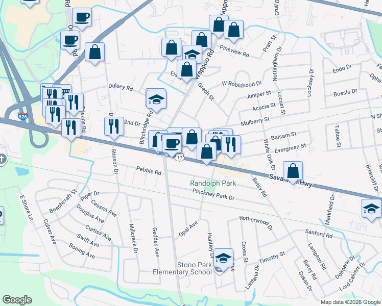 map of restaurants, bars, coffee shops, grocery stores, and more near 1750 Savannah Highway in Charleston