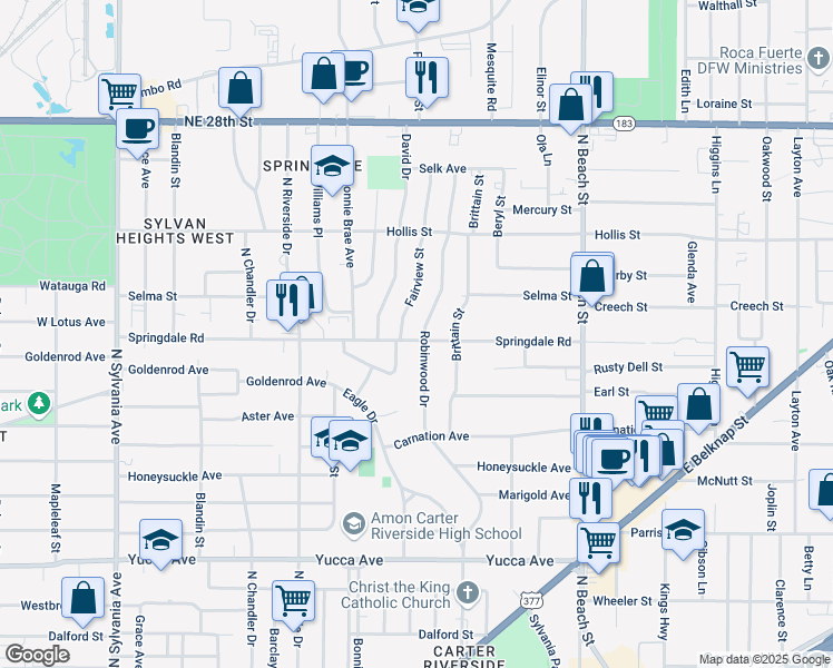 map of restaurants, bars, coffee shops, grocery stores, and more near 2004 Fairview Street in Fort Worth