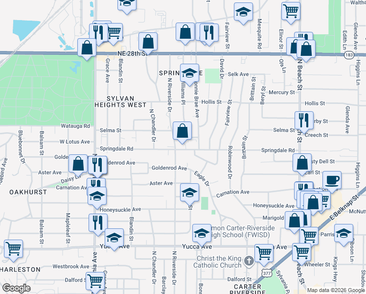 map of restaurants, bars, coffee shops, grocery stores, and more near 2000 North Riverside Drive in Fort Worth
