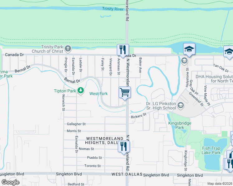 map of restaurants, bars, coffee shops, grocery stores, and more near 3818 Vineyard Drive in Dallas