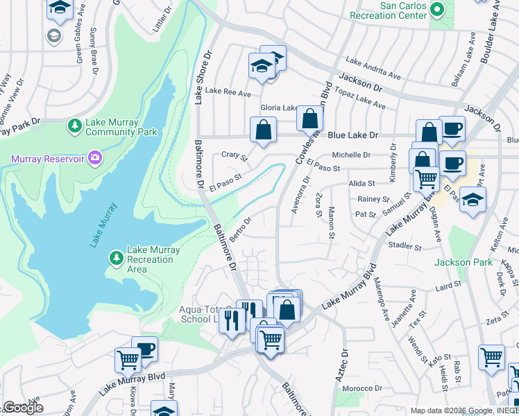 map of restaurants, bars, coffee shops, grocery stores, and more near 5962 Bertro Drive in La Mesa
