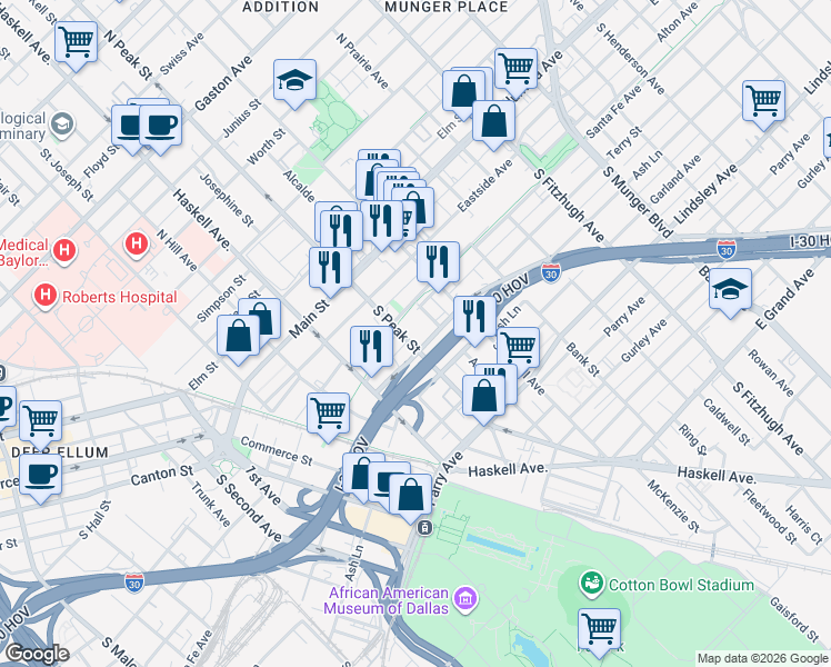 map of restaurants, bars, coffee shops, grocery stores, and more near 4315 Terry Street in Dallas