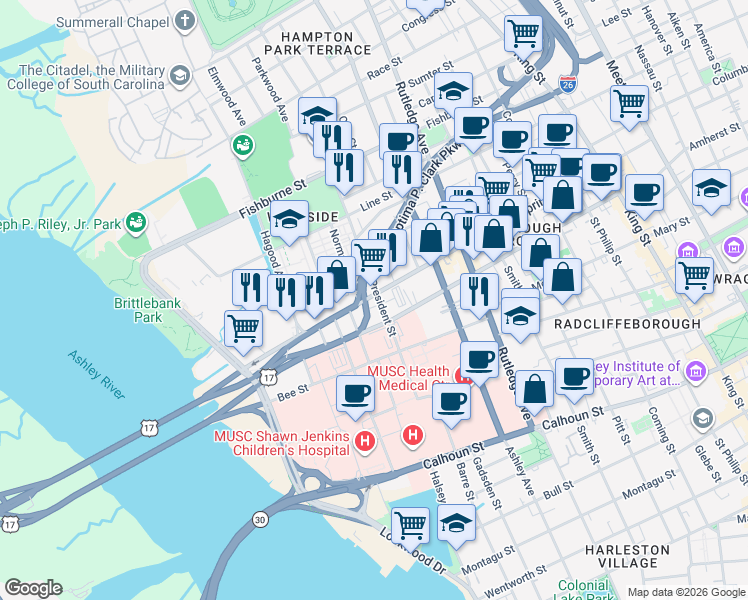 map of restaurants, bars, coffee shops, grocery stores, and more near 194 Spring Street in Charleston