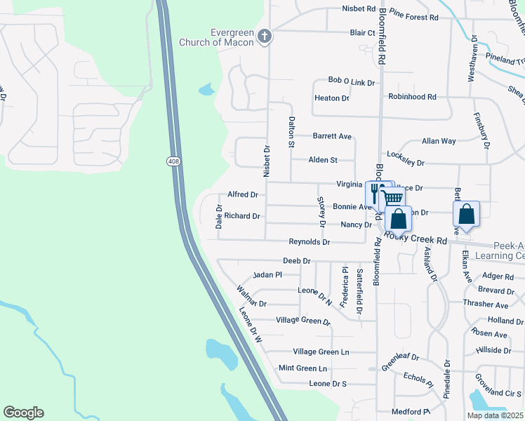 map of restaurants, bars, coffee shops, grocery stores, and more near 2905 Richard Drive in Macon