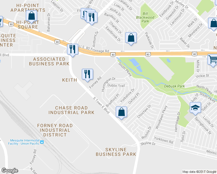 map of restaurants, bars, coffee shops, grocery stores, and more near 3516 Dublin Trail in Mesquite