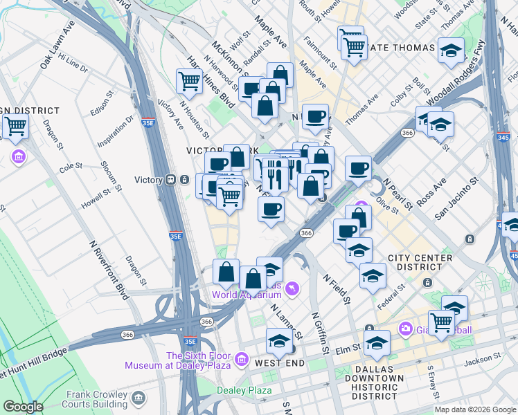 map of restaurants, bars, coffee shops, grocery stores, and more near 2323 North Field Street in Dallas