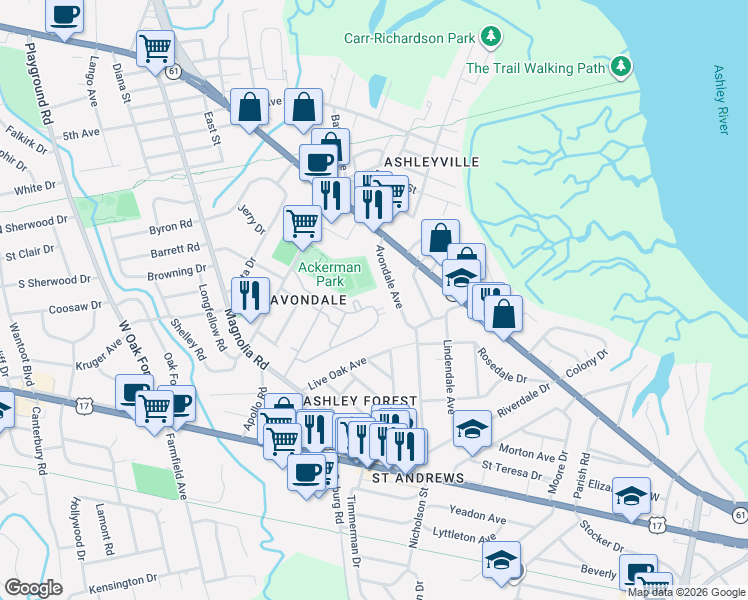 map of restaurants, bars, coffee shops, grocery stores, and more near 258 Bibb Street in Charleston