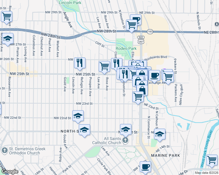 map of restaurants, bars, coffee shops, grocery stores, and more near 2407 Ross Avenue in Fort Worth