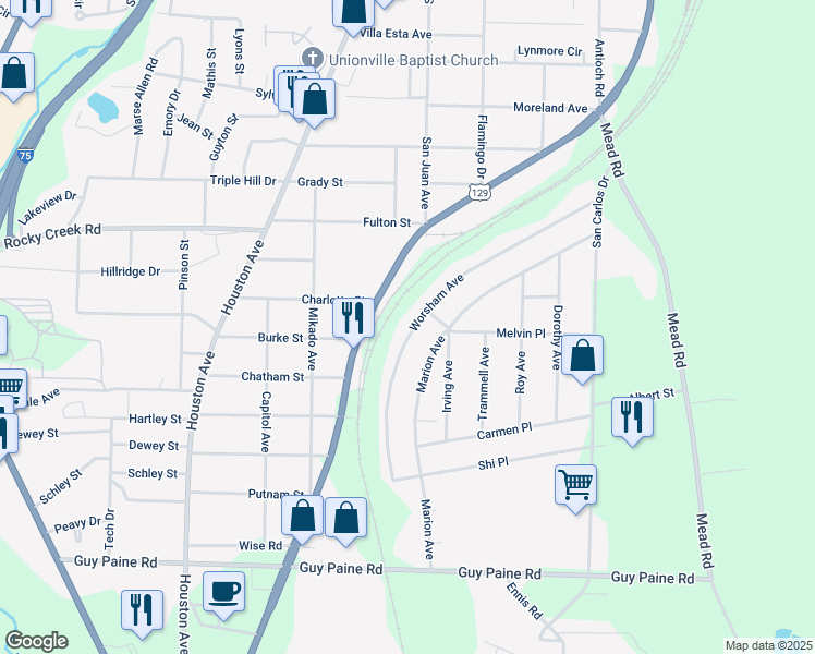 map of restaurants, bars, coffee shops, grocery stores, and more near 4227 Worsham Avenue in Macon