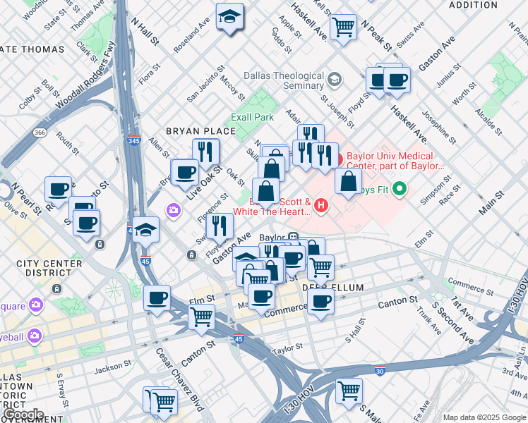 map of restaurants, bars, coffee shops, grocery stores, and more near 2919 Floyd Street in Dallas