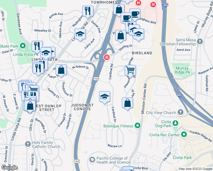 map of restaurants, bars, coffee shops, grocery stores, and more near 2440 Cardinal Drive in San Diego