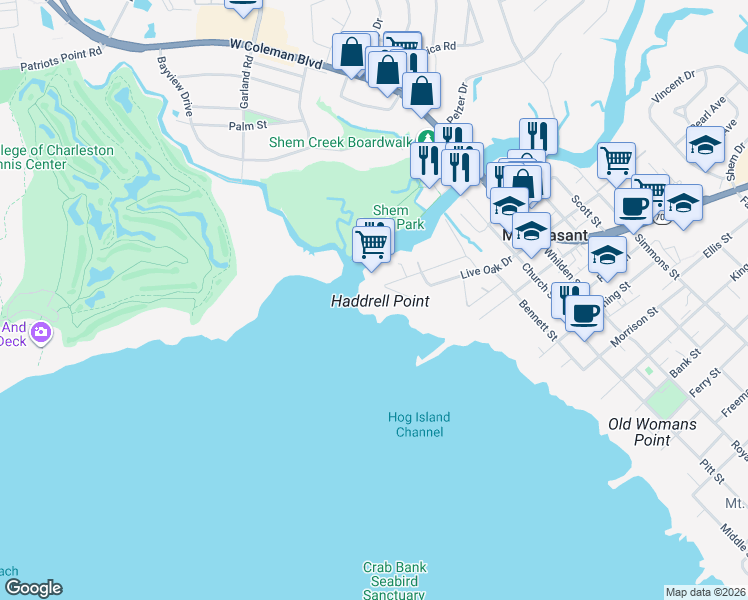 map of restaurants, bars, coffee shops, grocery stores, and more near 15 Beach Street in Mount Pleasant