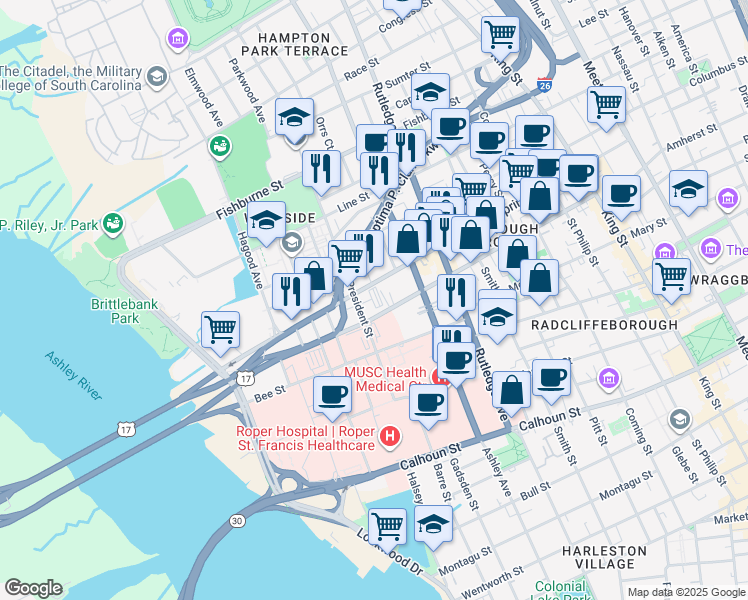 map of restaurants, bars, coffee shops, grocery stores, and more near 155 Spring Street in Charleston