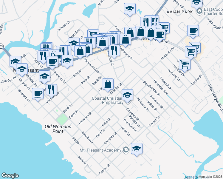 map of restaurants, bars, coffee shops, grocery stores, and more near 1357 Fairmont Avenue in Mount Pleasant