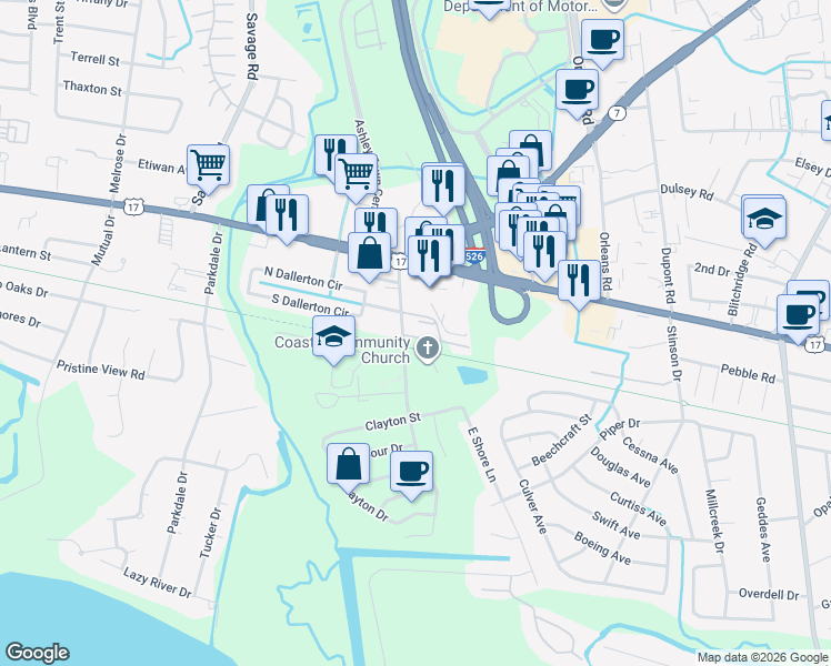 map of restaurants, bars, coffee shops, grocery stores, and more near 506 Arlington Drive in Charleston